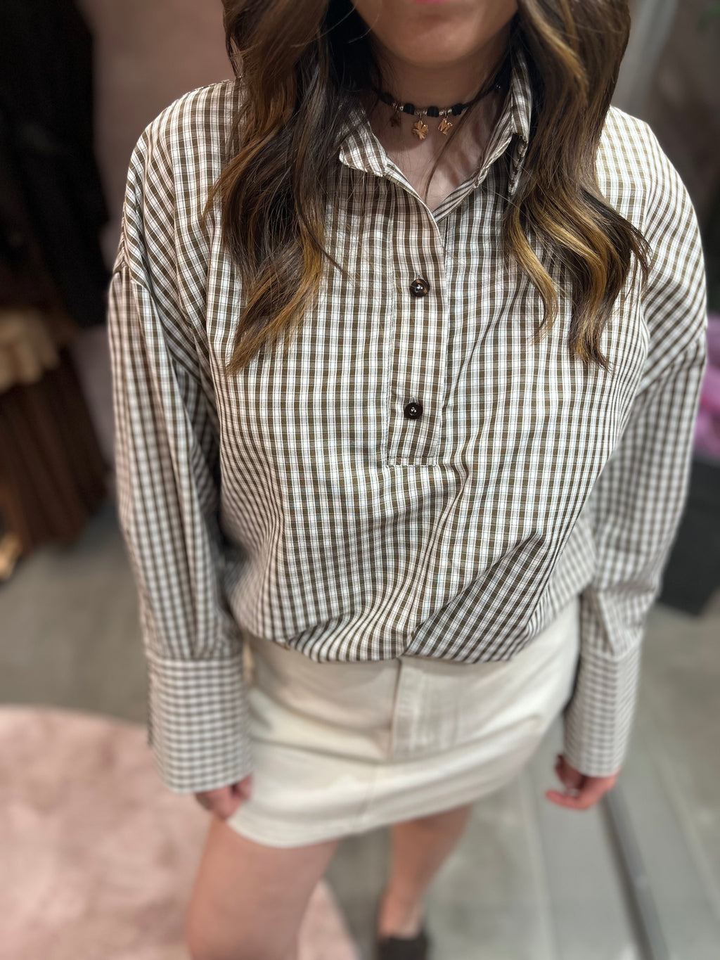 CAMICIA CROP STAMPA CHECK TENSIONE IN