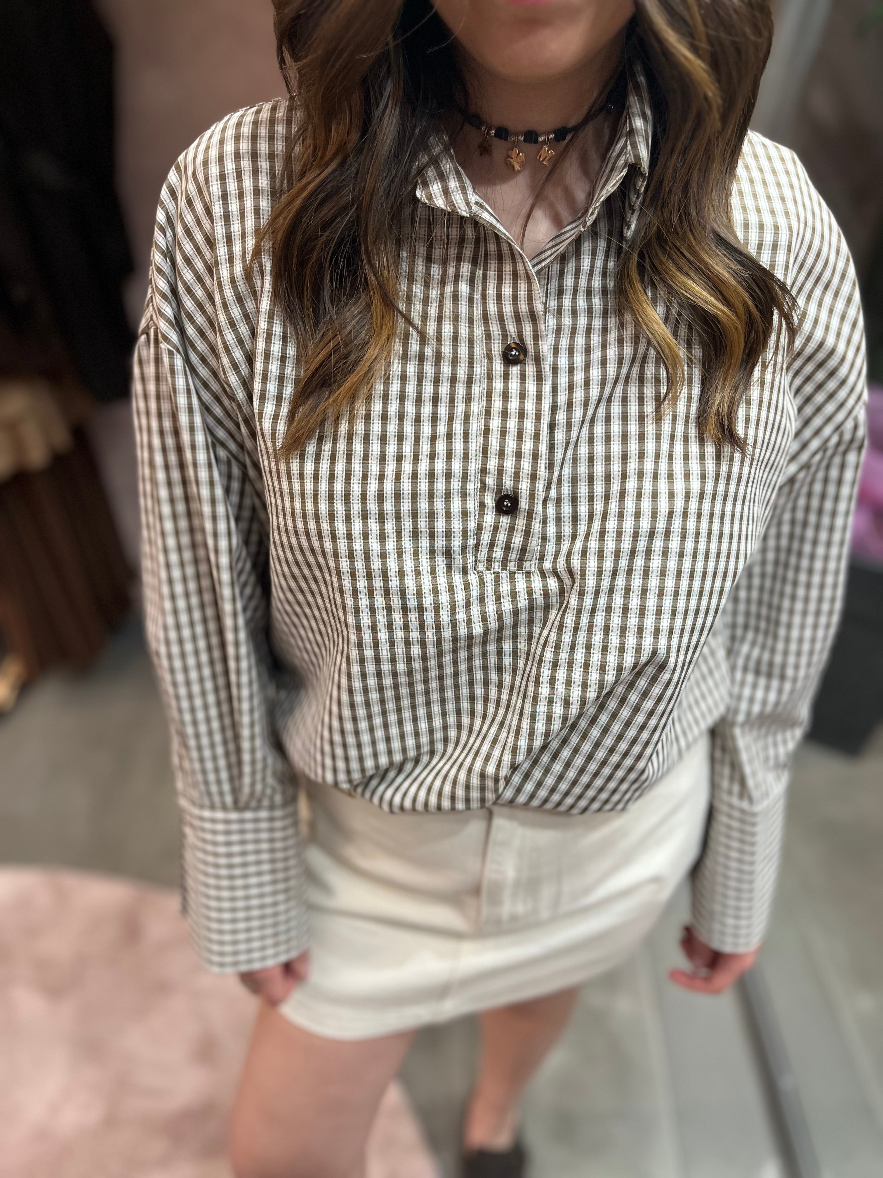 CAMICIA CROP STAMPA CHECK TENSIONE IN