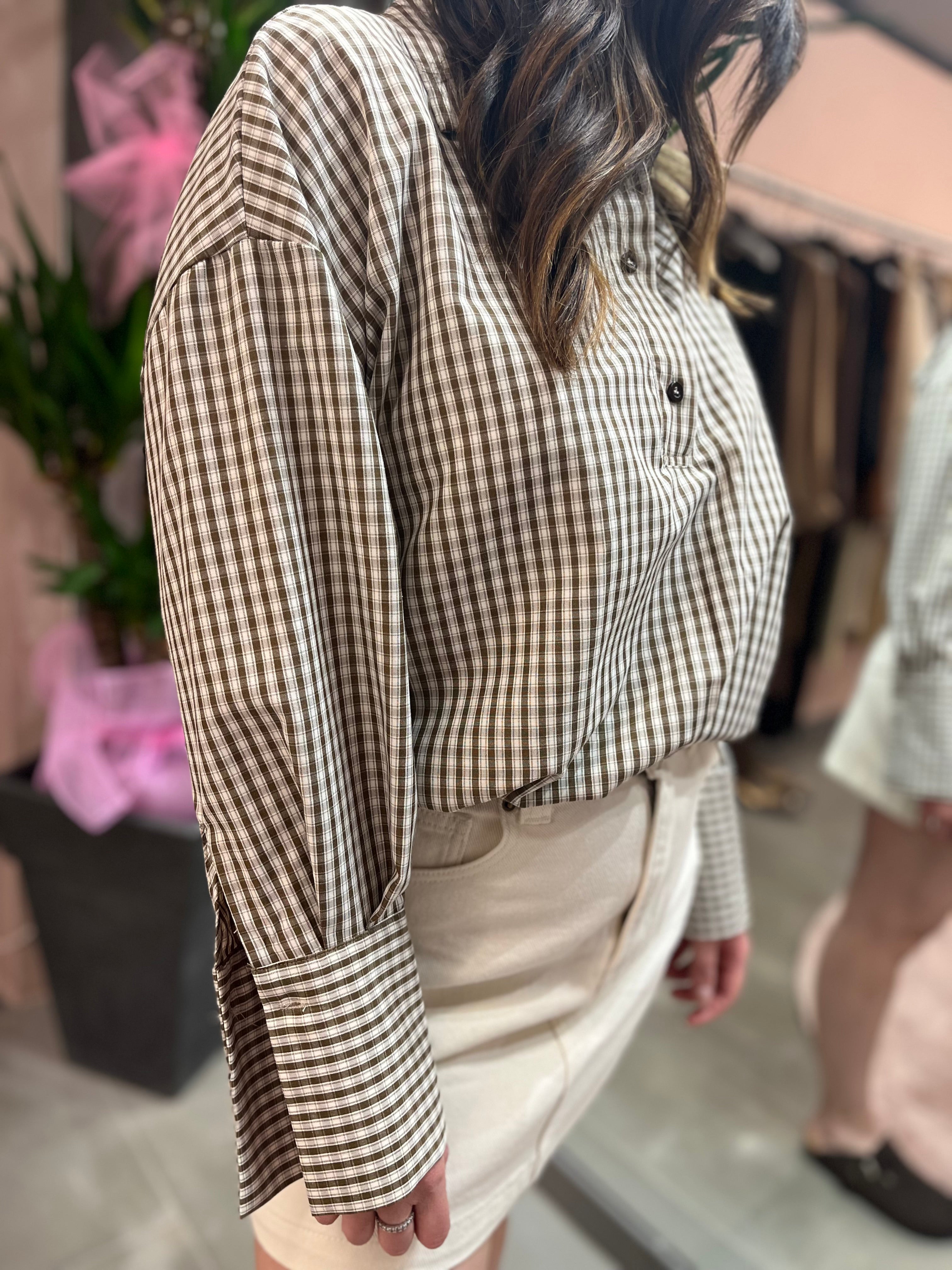 CAMICIA CROP STAMPA CHECK TENSIONE IN