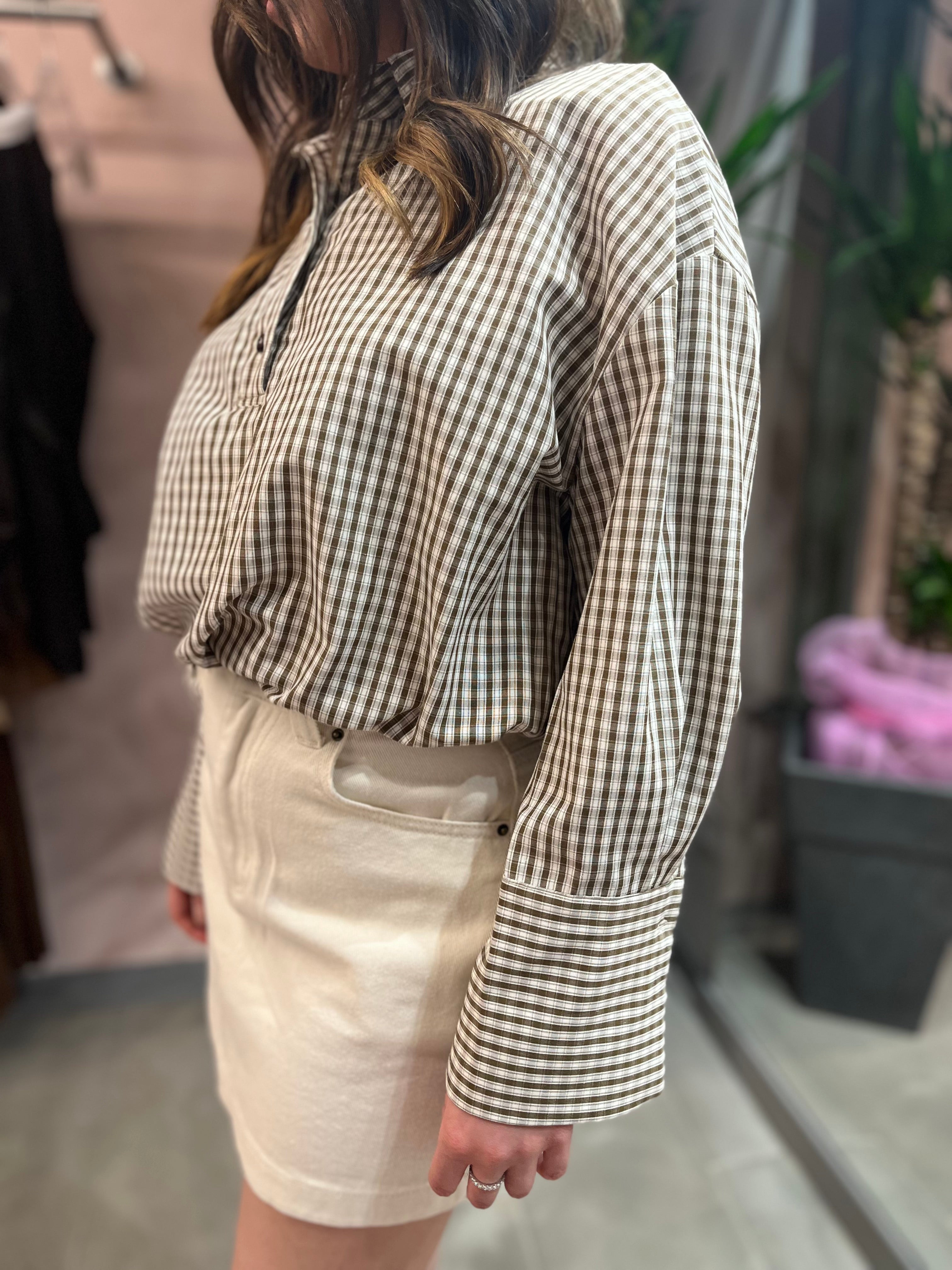 CAMICIA CROP STAMPA CHECK TENSIONE IN