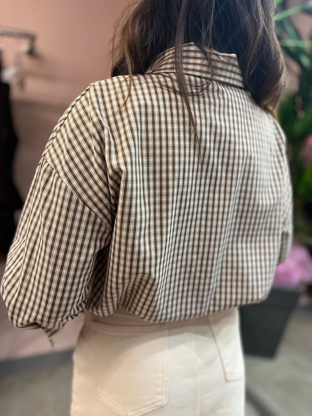CAMICIA CROP STAMPA CHECK TENSIONE IN