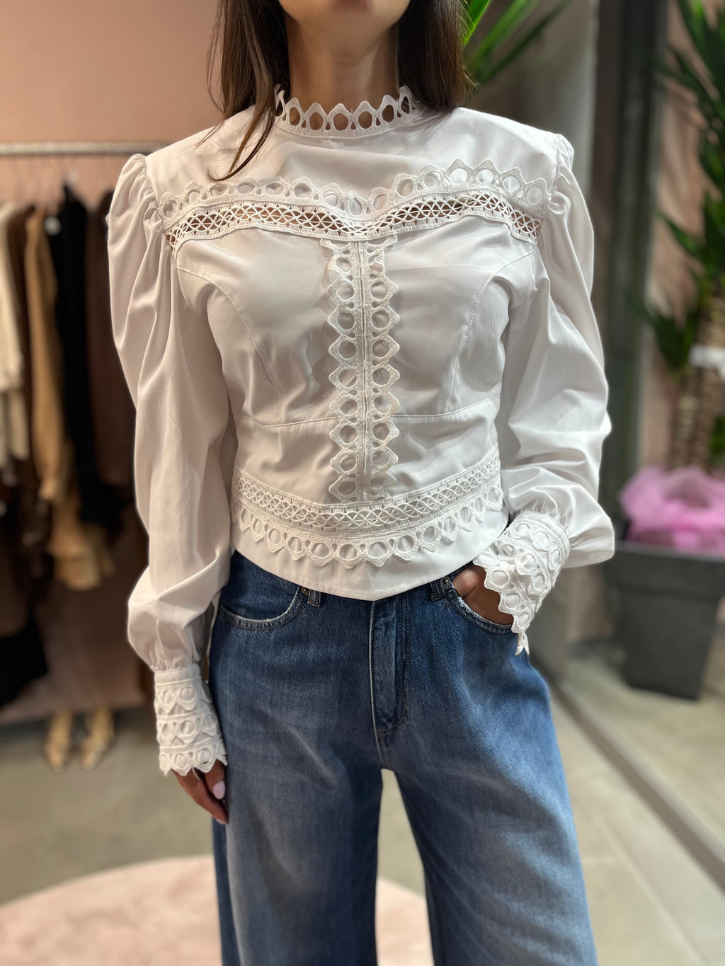 CAMICIA CROP PIZZO SANGALLO TENSIONE IN